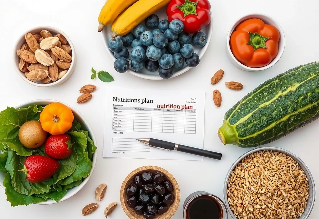 Eine Vielfalt an gesunden Lebensmitteln und einem Ernährungsplan auf einem Tisch
